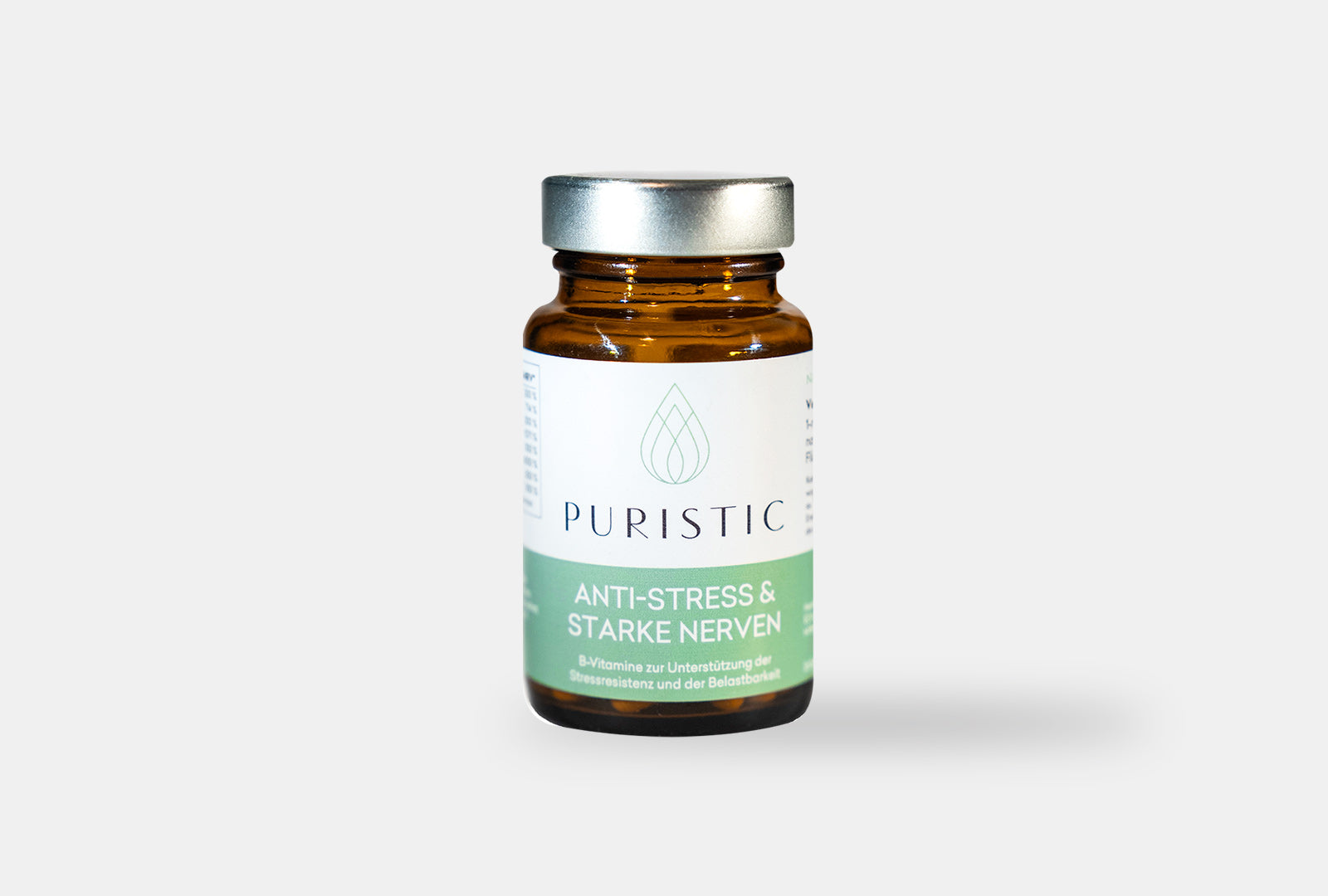 Puristic Anti-Stress & Starke Nerven Supplements im braunen Glas für Stressresistenz