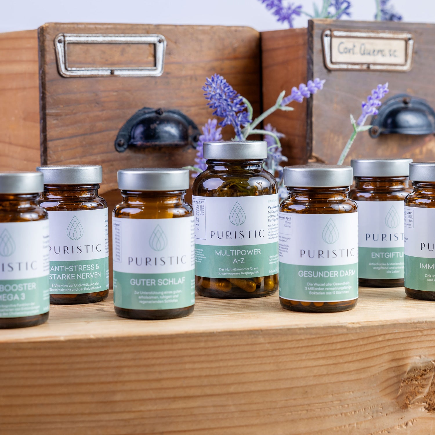 Verschiedene Puristic Nahrungsergänzungsmittel in Glasflaschen auf Holzregal mit Lavendel