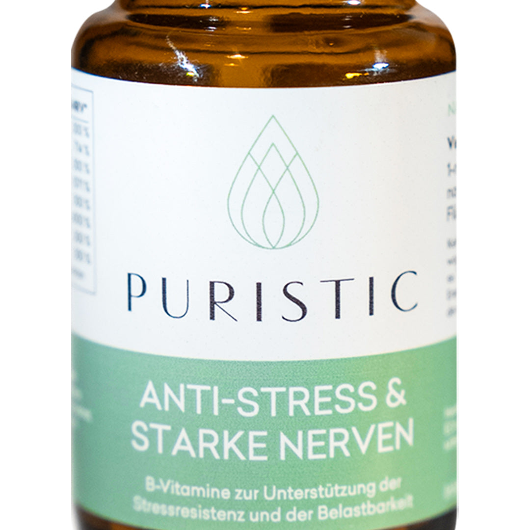 Nahaufnahme von Puristic Anti-Stress & Starke Nerven Supplements im braunen Glas