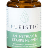Nahaufnahme von Puristic Anti-Stress & Starke Nerven Supplements im braunen Glas