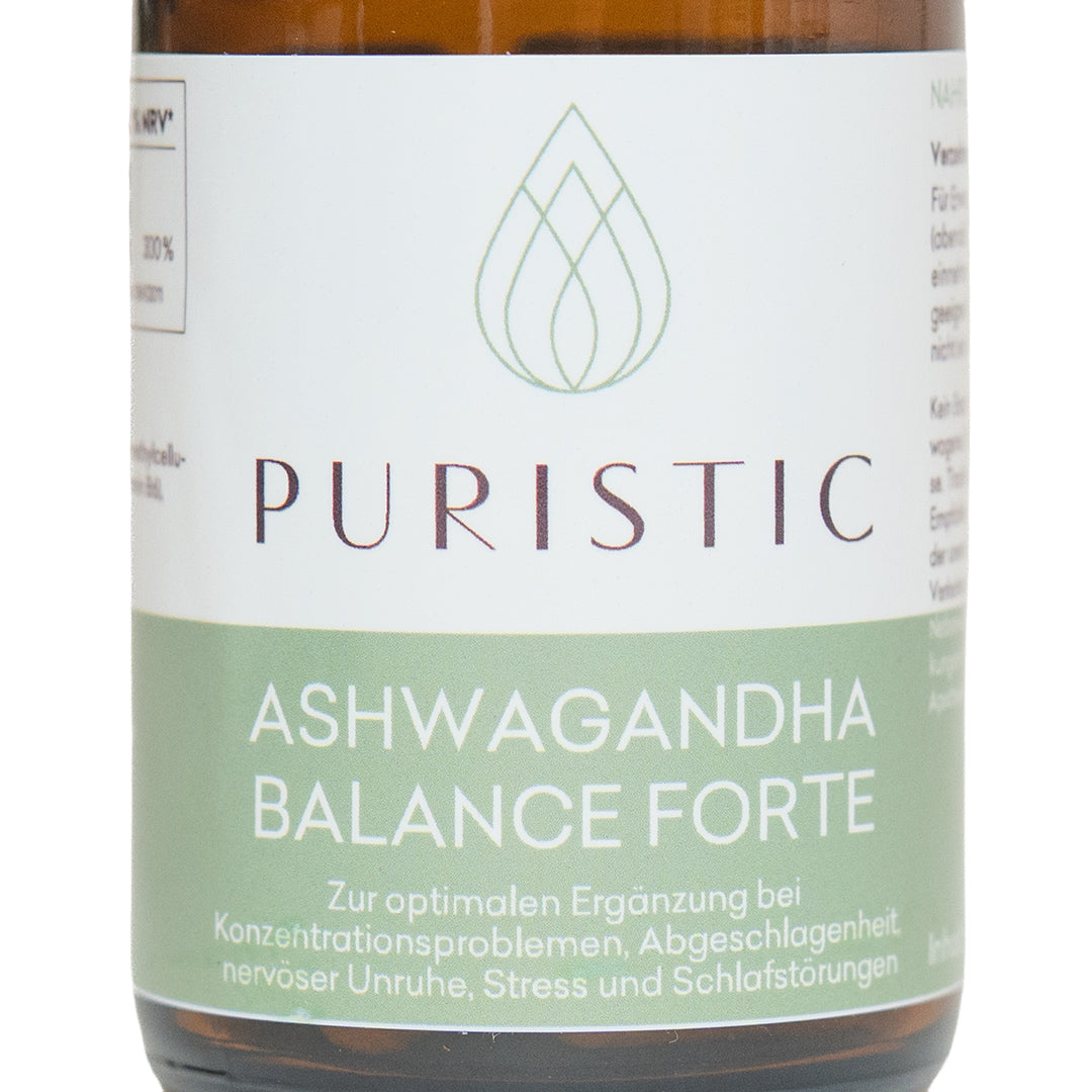 PURISTIC® Ashwagandha Balance – Etikett in Nahaufnahme