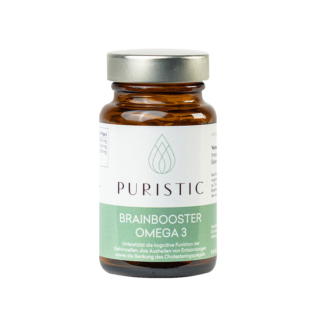 Puristic Brainbooster Omega 3 Kapseln in braunem Schraubglas zur Unterstützung des Gehirns