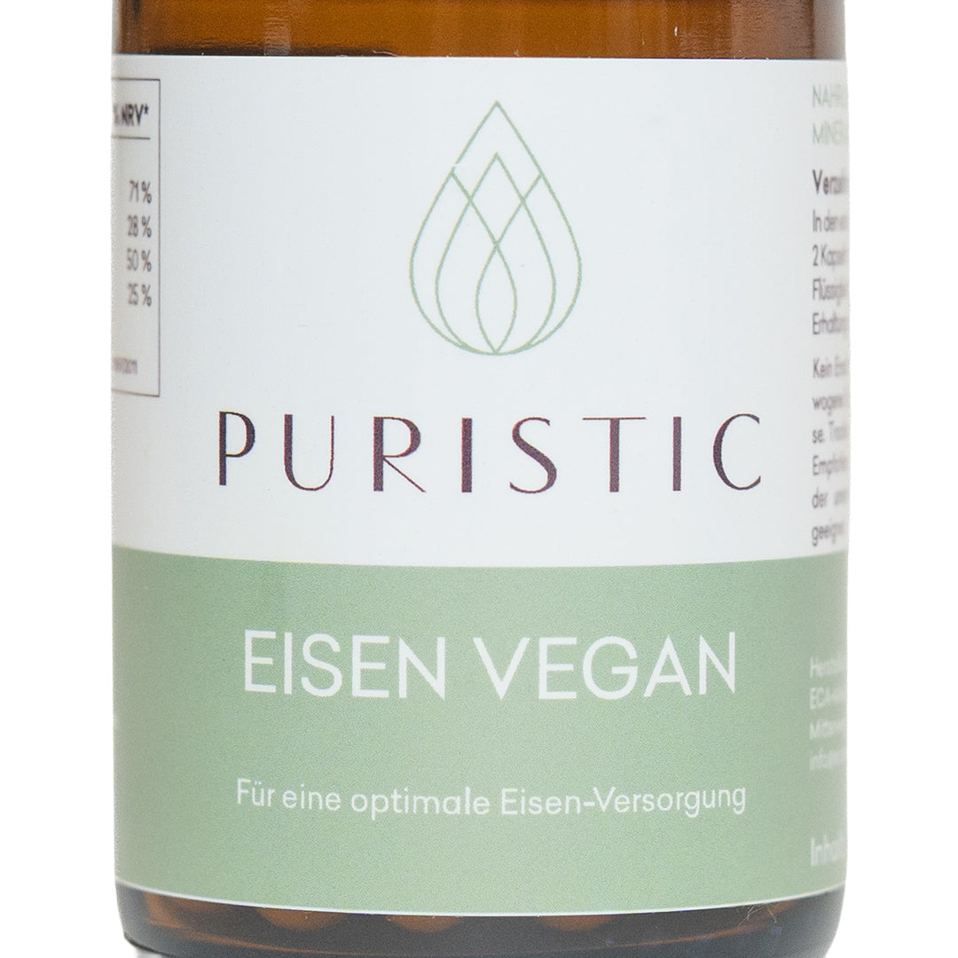 PURISTIC® Pflanzliches Eisen – Etikett in Nahaufnahme