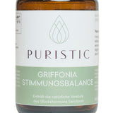 PURISTIC® Griffonia Stimmungsbalance – Etikett in Nahaufnahme