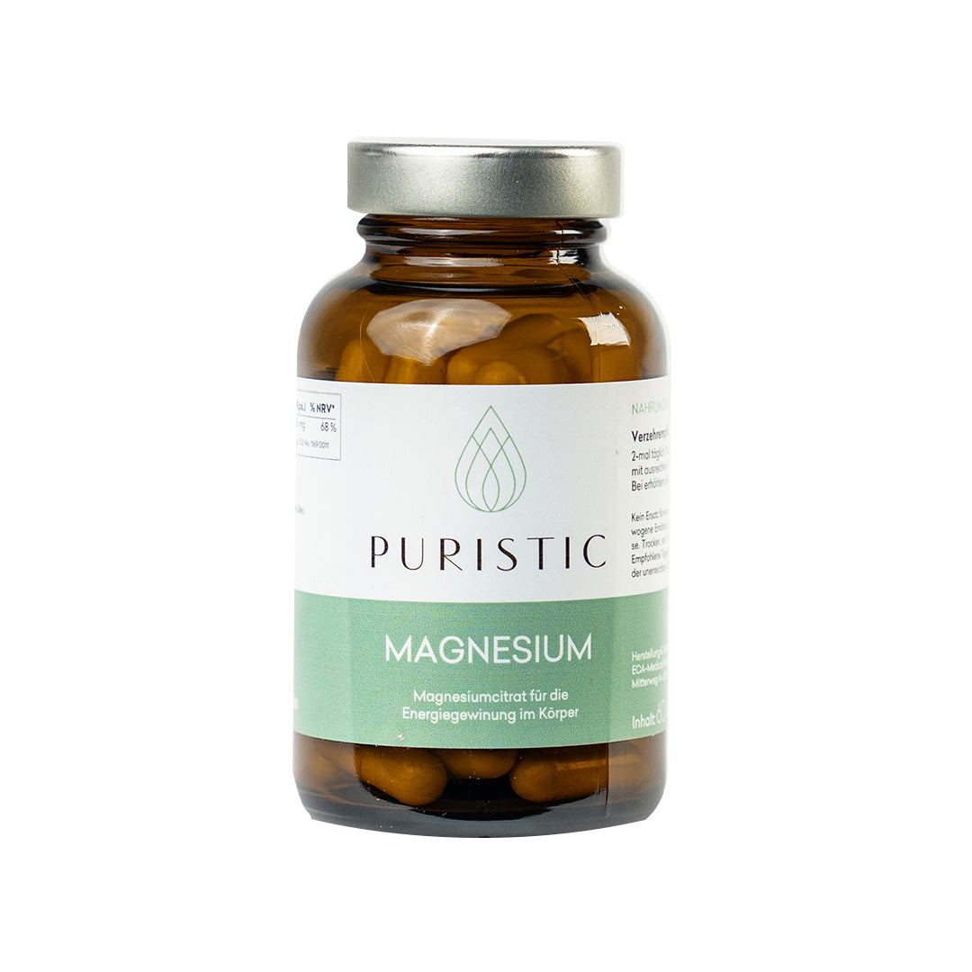 Puristic Magnesium Kapseln in braunem Schraubglas für die Energiegewinnung