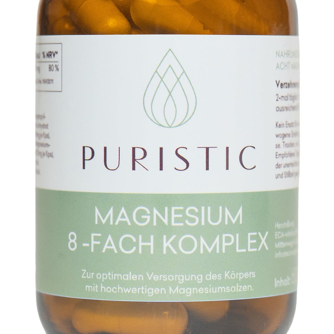 PURISTIC® Magnesium 8-Fach Komplex – Etikett in Nahaufnahme