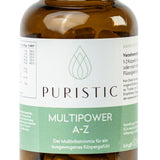 Nahaufnahme von Puristic Multipower A-Z Nahrungsergänzungsprodukt für ein ausgewogenes Körpergefühl