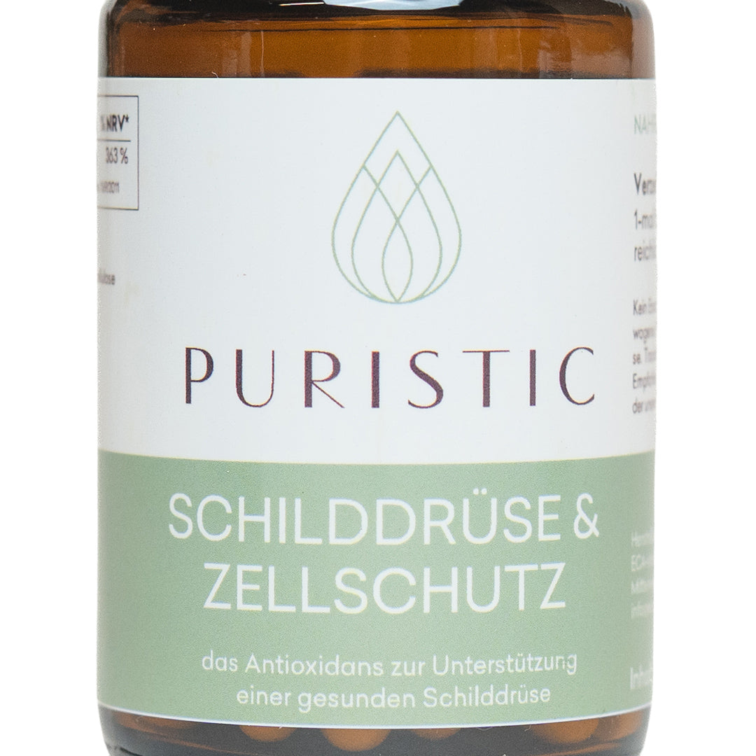 PURISTIC® Selen Schilddrüse & Zellschutz – Etikett in Nahaufnahme