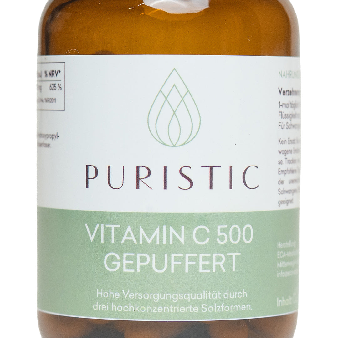 PURISTIC® Vitamin C 500 Gepuffert – Etikett in Nahaufnahme