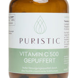 PURISTIC® Vitamin C 500 Gepuffert – Etikett in Nahaufnahme